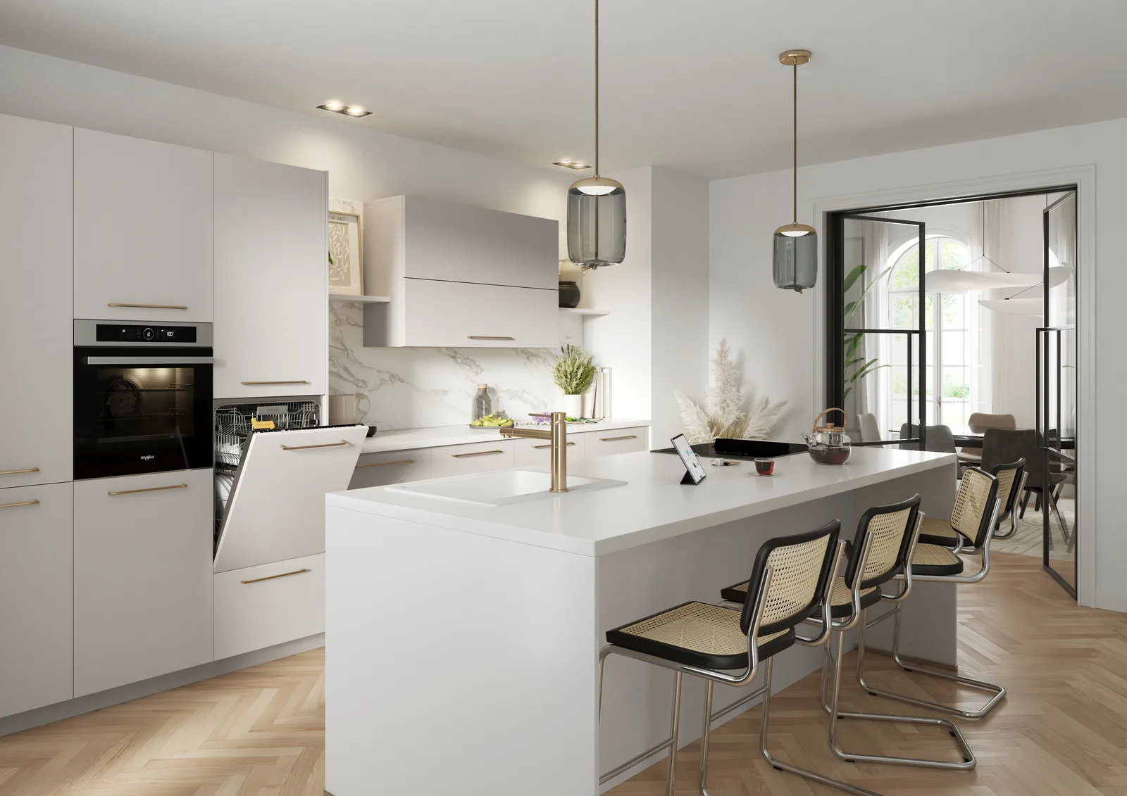 Cuisine ouverte avec îlot central dans un appartement strasbourgeois
