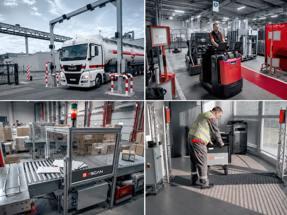 Équipements RSCAN en situation : portique camion, portique chariot, tunnel RFID sur convoyeur et lecture de bacs